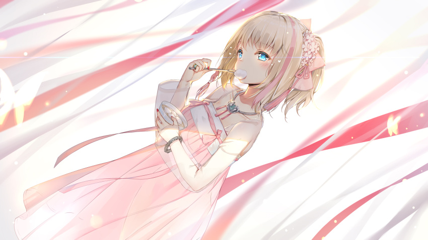 1girl azur_lane blonde_hair blue_eyes blush bowl bracelet braid collarbone commentary_request dress dutch_angle eating fingernails food fork gradient_hair head_tilt highres holding holding_bowl holding_fork jewelry long_hair long_sleeves maya_g multicolored_hair nail_polish pink_dress pink_hair red_nails richmond_(azur_lane) ring see-through solo streaked_hair wide_sleeves