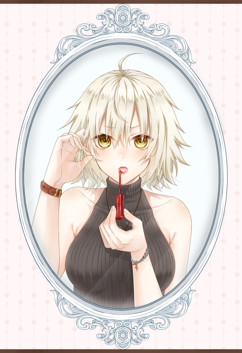 1girl :o absurdres ahoge applying_makeup arm_up bangs bare_arms bare_shoulders bead_bracelet beads black_sweater blonde_hair blush bracelet breasts buckle commentary_request covered_collarbone eyebrows_visible_through_hair fate/grand_order fate_(series) fingernails glint hair_between_eyes hair_tucking halterneck highres holding jeanne_d'arc_(alter)_(fate) jeanne_d'arc_(fate)_(all) jewelry latin_cross letterboxed lipstick lipstick_tube looking_at_viewer makeup medium_breasts mirror necklace open_mouth pink_background red_lipstick reflection ribbed_sweater rikaya010203 shiny shiny_hair short_hair sleeveless solo sweater upper_body watch watch wristband yellow_eyes