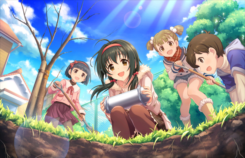 1boy 3girls ahoge alternate_hair_length alternate_hairstyle artist_request bangs bare_tree black_hair blue_sky blunt_bangs blush brown_eyes brown_hair checkered checkered_skirt child coat collarbone day from_below grass hairband holding idolmaster idolmaster_cinderella_girls idolmaster_cinderella_girls_starlight_stage kohinata_miho long_sleeves looking_at_viewer low_twintails multiple_girls official_art open_mouth outdoors pantyhose plaid plaid_skirt short_hair shovel skirt sky smile squatting tree twintails worktool