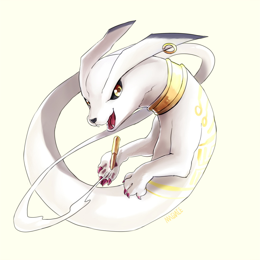 absurdres animal_ears artist_name black_sclera bullet digimon earrings fangs highres jewelry kudamon magiace no_humans open_mouth simple_background solo yellow_background yellow_eyes