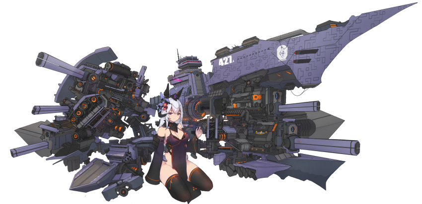 1girl absurdres black_legwear breasts cannon cleavage covered_navel detached_sleeves flower hair_flower hair_ornament halo highres large_breasts long_hair long_sleeves mecha_musume mechanical_ears original pelvic_curtain seiza simple_background sitting solo syaha thigh-highs violet_eyes white_background white_hair