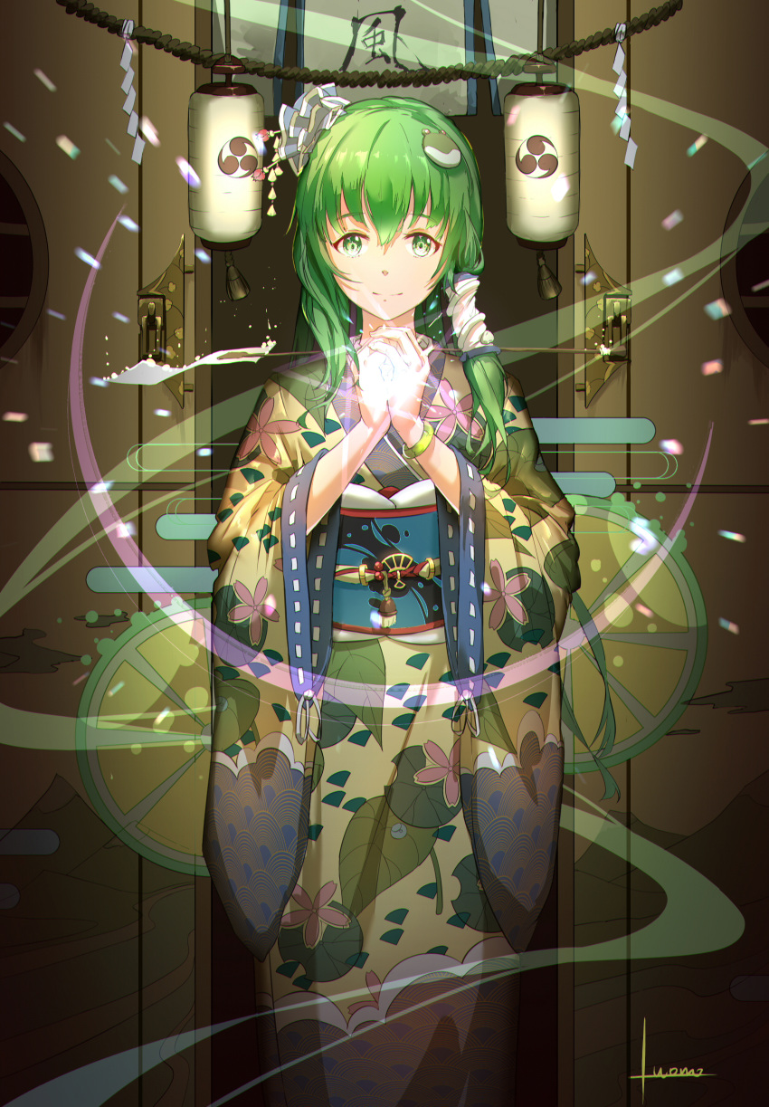 1girl absurdres alternate_costume bangle bracelet closed_mouth confetti cowboy_shot egasumi floral_print frog_hair_ornament green_eyes green_hair hair_ornament hair_stick hair_tubes highres japanese_clothes jewelry kimono kochiya_sanae lantern light long_hair long_sleeves looking_at_viewer luomo motion_blur obi own_hands_together paper_lantern print_kimono ribbon ribbon-trimmed_sleeves ribbon_trim sash shiny shiny_hair sliding_doors smile snake_hair_ornament solo standing tareme touhou white_ribbon wide_sleeves