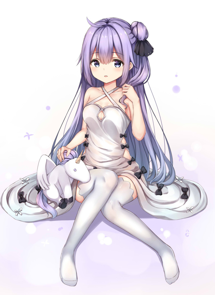 1girl ahoge azur_lane bangs black_bow black_ribbon blush bow breasts cleavage commentary_request dress eyebrows_visible_through_hair hair_between_eyes hair_bun hair_grab hair_ribbon highres long_hair looking_at_viewer medium_breasts no_shoes one_side_up parted_lips purple_hair ribbon side_bun sitting solo stuffed_animal stuffed_pegasus stuffed_toy stuffed_unicorn thigh-highs unicorn_(azur_lane) very_long_hair violet_eyes white_dress white_legwear ym_(distance819)