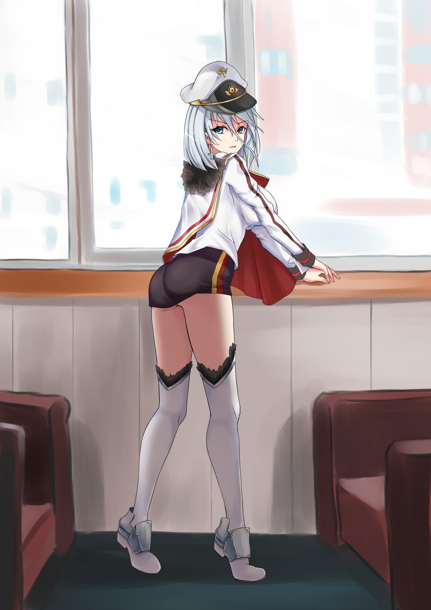 1girl absurdres azur_lane blue_eyes boots breasts capelet carpet closed_mouth earrings eyebrows_visible_through_hair fur_trim furniture gloves hair_between_eyes hat highres jewelry large_breasts long_sleeves looking_at_viewer military military_uniform peaked_cap short_hair silver_hair skirt solo the_hermit thigh-highs tirpitz_(azur_lane) uniform wall white_footwear white_gloves window windowsill wooden_wall