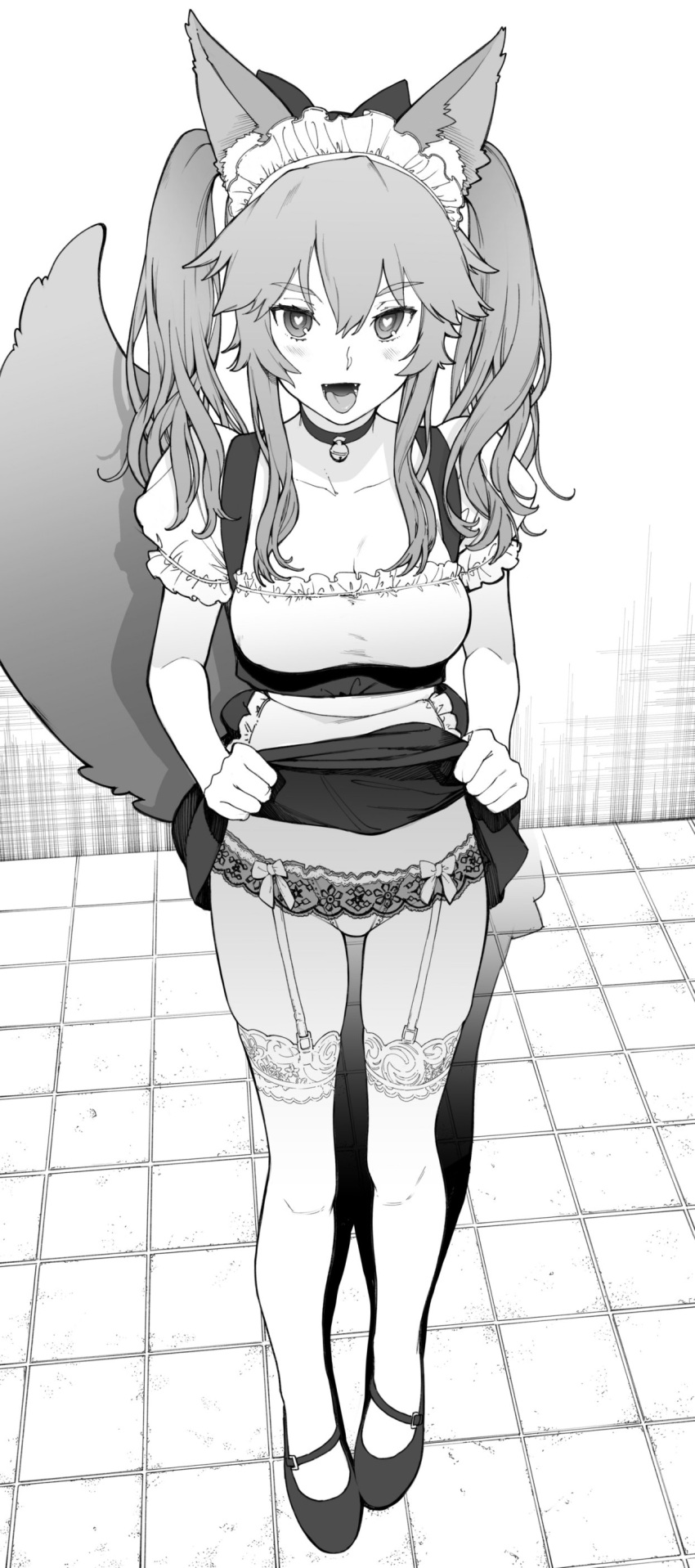 1girl :d absurdres apron bell bell_choker choker collarbone daftbonkers dress dress_lift fangs fate/extra fate_(series) food fox_tail full_body garter_belt garter_straps greyscale heart heart-shaped_pupils highres long_hair looking_at_viewer maid maid_apron maid_headdress monochrome open_mouth panties smile solo symbol-shaped_pupils tail tamamo_(fate)_(all) tamamo_no_mae_(fate) thigh-highs tongue twintails underwear white_background