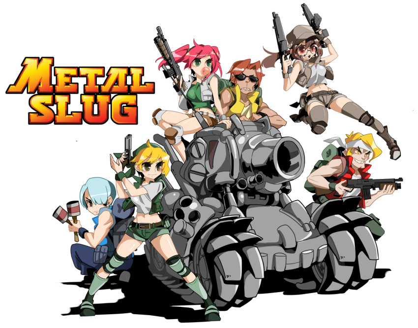 3boys 3girls blonde_hair blue_eyes blue_hair blush bongfill breasts brown_eyes brown_hair bubble_blowing chewing_gum closed_mouth dual_wielding eyebrows_visible_through_hair fio_germi freckles glasses green_eyes ground_vehicle gun hair_over_one_eye hat holding holding_gun holding_weapon kasamoto_eri large_breasts looking_at_viewer looking_away marco_rossi medium_hair metal_slug military military_vehicle motor_vehicle multiple_boys multiple_girls nadia_cassel navel open_mouth parted_lips pink_hair red_eyes short_hair smile squatting sunglasses sv001_(metal_slug) tank tarma_roving trevor_spacey twintails weapon yellow_eyes