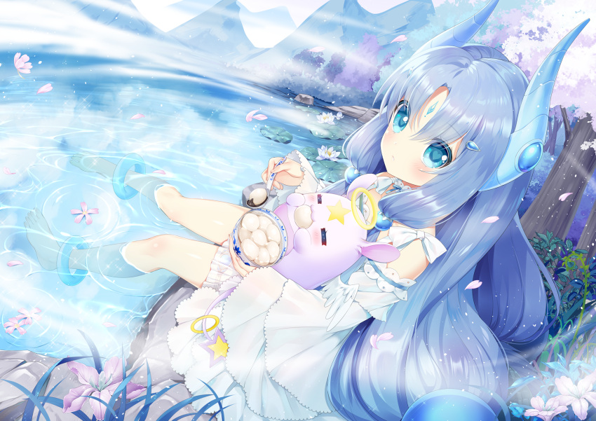 1girl anklet bangs barefoot blue_eyes blue_hair blush commentary_request creature day dress eyebrows_visible_through_hair facial_mark fingernails flower forehead_mark hair_between_eyes hair_ornament halo highres holding holding_spoon horns jewelry lake lily_pad long_hair long_sleeves looking_at_viewer lotus mimikkoui mvv outdoors parted_lips petals purple_flower rock sidelocks sitting soaking_feet solo star tree very_long_hair water white_dress white_flower wide_sleeves