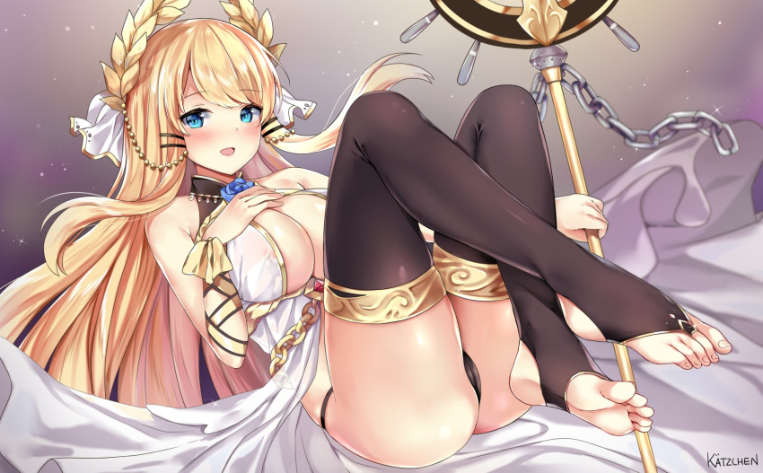 1girl artist_name azur_lane bangs bare_shoulders barefoot black_legwear black_panties blonde_hair blue_eyes blush breasts chains cleavage commentary eyebrows_visible_through_hair eyelashes fingernails floating floating_hair flower_ornament hair_ornament hair_ribbon hand_on_own_chest highres holding holding_staff kaetzchen large_breasts laurel_crown long_hair looking_at_viewer lying on_back open_mouth panties ribbon sleeveless solo staff thigh-highs toeless_legwear toenails underwear veil very_long_hair victorious_(azur_lane) wrist_ribbon