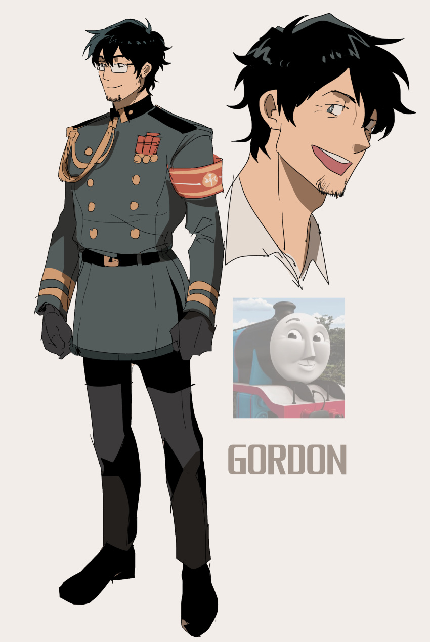 1boy absurdres aiguillette armband black_hair black_pants character_name full_body glasses glasses_enthusiast gordon_the_big_engine highres male_focus military military_uniform pants personification photo_inset smile solo thomas_the_tank_engine uniform