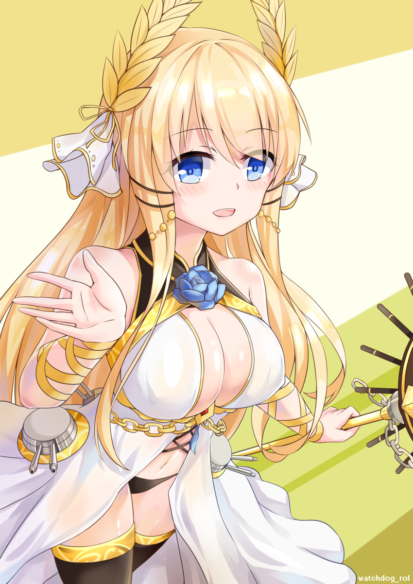 1girl absurdres artist_name azur_lane black_legwear black_panties blonde_hair blue_eyes blush breasts chains cleavage commentary_request cowboy_shot eyebrows_visible_through_hair flower_ornament hair_ornament hair_ribbon highres holding holding_staff large_breasts laurel_crown long_hair outstretched_hand panties ribbon rigging simple_background solo staff standing thigh-highs turret underwear veil very_long_hair victorious_(azur_lane) watchdog_rol_(y1104280730) wrist_ribbon