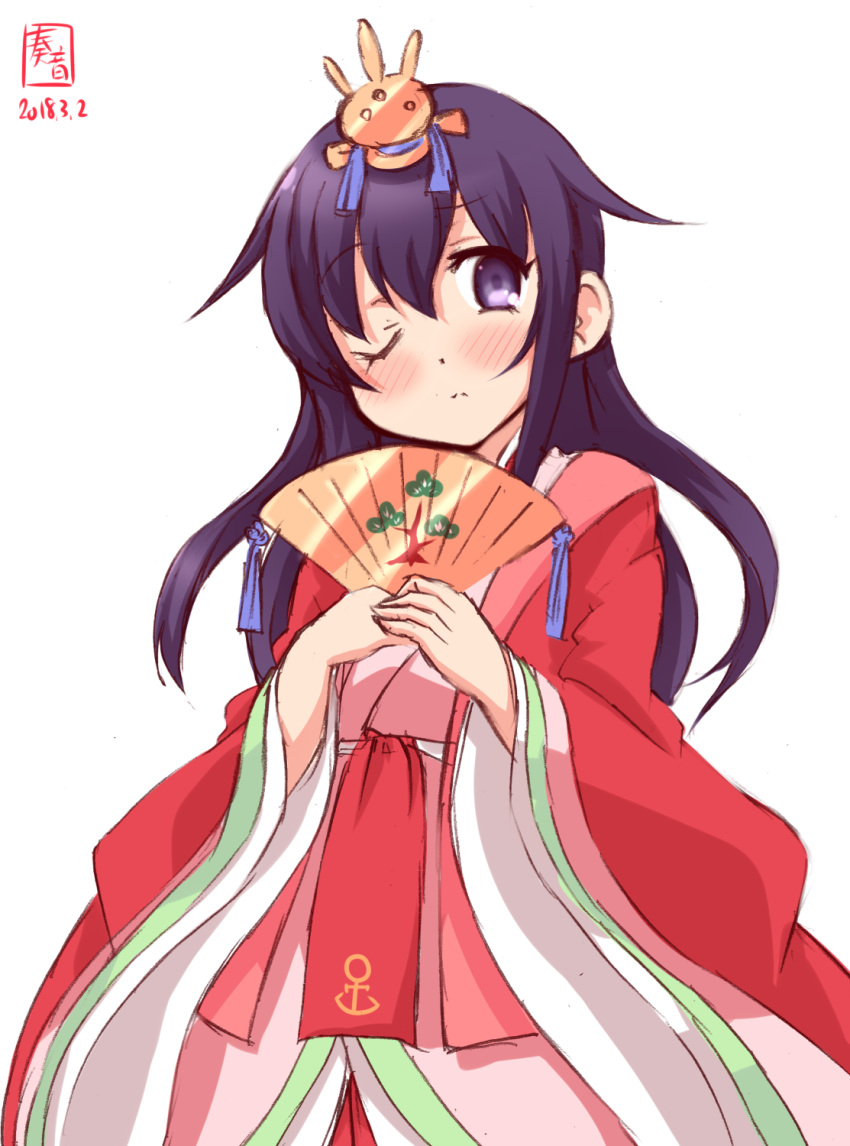 1girl akatsuki_(kantai_collection) alternate_costume anchor_symbol black_hair commentary_request cowboy_shot dated fan folding_fan hair_ornament highres hina_ningyou japanese_clothes kanon_(kurogane_knights) kantai_collection kimono layered_clothing layered_kimono logo long_hair looking_at_viewer one_eye_closed simple_background solo violet_eyes white_background