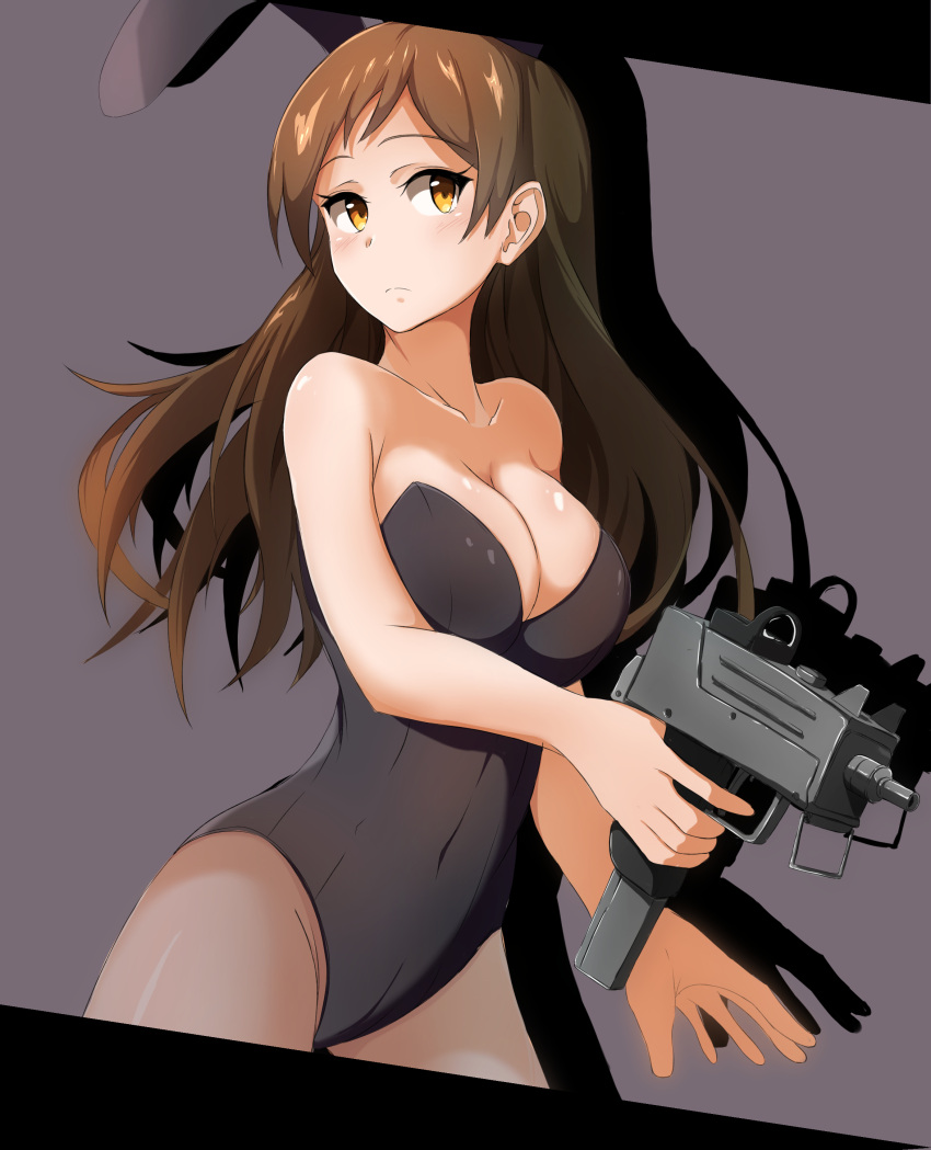 1girl absurdres animal_ears bangs bare_shoulders black_leotard blush breasts brown_hair bunny_girl bunnysuit gun highres idolmaster idolmaster_million_live! imi_uzi j.roswel kitazawa_shiho large_breasts leotard long_hair pantyhose rabbit_ears solo submachine_gun swept_bangs weapon