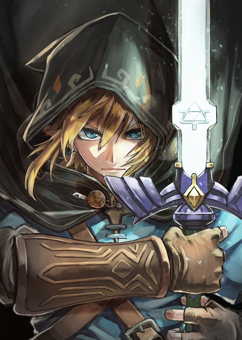 1boy bangs black_background black_cloak blonde_hair blue_eyes blue_shirt brooch brown_gloves buckle chains closed_mouth commentary_request earrings fingerless_gloves floating_hair gloves glowing glowing_sword glowing_weapon hair_between_eyes highres holding holding_sword holding_weapon hood hood_up hoop_earrings jewelry kuroi_susumu light_particles link looking_at_viewer male_focus master_sword pointy_ears serious shirt short_sleeves simple_background solo sword the_legend_of_zelda the_legend_of_zelda:_breath_of_the_wild triforce two-handed upper_body v-shaped_eyebrows vambraces weapon wind