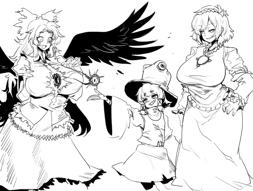 3girls :d arm_at_side bird_wings bow breasts cowboy_shot eyeball eyebrows_visible_through_hair fang grin hair_bow half-closed_eyes hand_on_hip hand_up hands_up hat highres huge_breasts impossible_clothes impossible_shirt long_skirt long_sleeves looking_at_another medium_skirt mirror monochrome moriya_suwako multiple_girls open_mouth outstretched_arm parted_lips pigeoncrow puffy_short_sleeves puffy_sleeves reiuji_utsuho shirt short_hair short_sleeves sketch skirt skirt_set slit_pupils smile smirk standing third_eye touhou turtleneck vest wide_sleeves wings yasaka_kanako