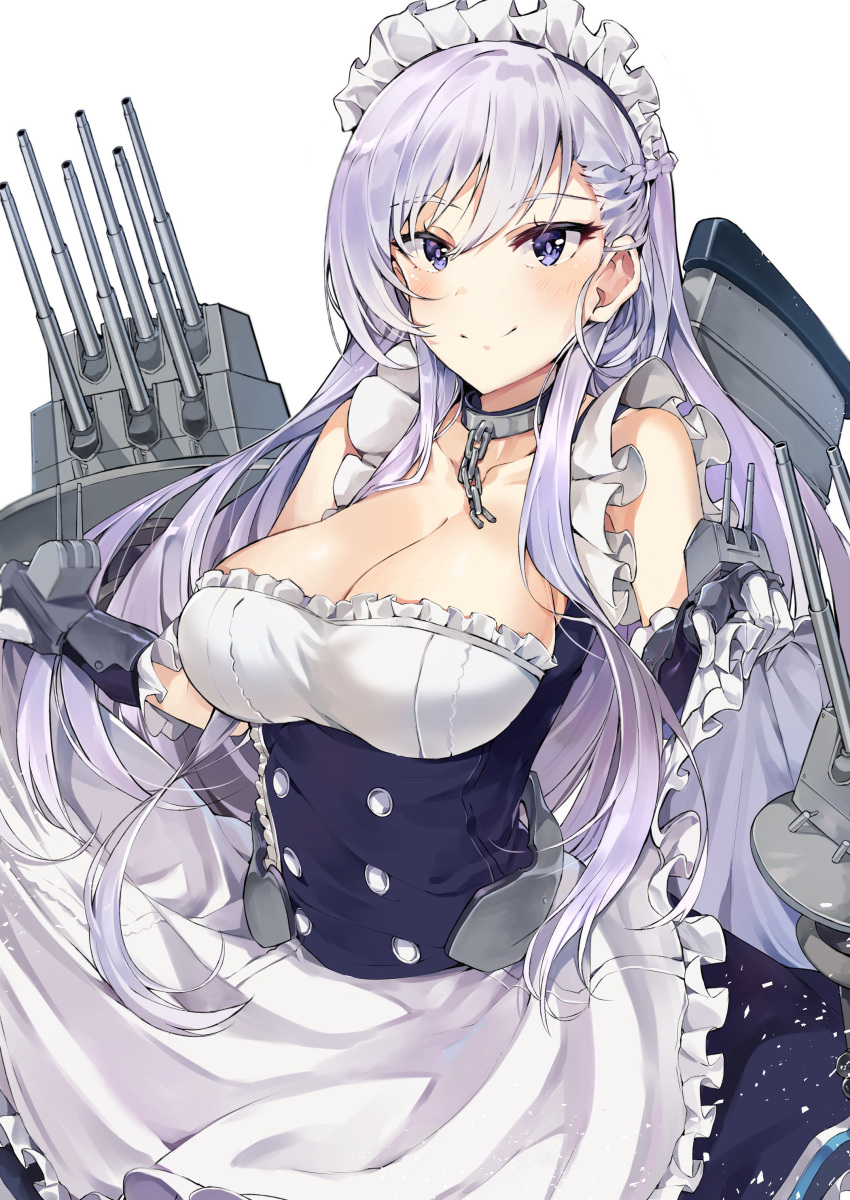 1girl absurdres apron azur_lane bangs bare_shoulders belfast_(azur_lane) blush braid breasts chains cleavage collar collarbone curtsey dress french_braid frills gloves highres large_breasts long_hair maid maid_headdress silver_hair smile solo swept_bangs turret tuxedo_de_cat violet_eyes white_background