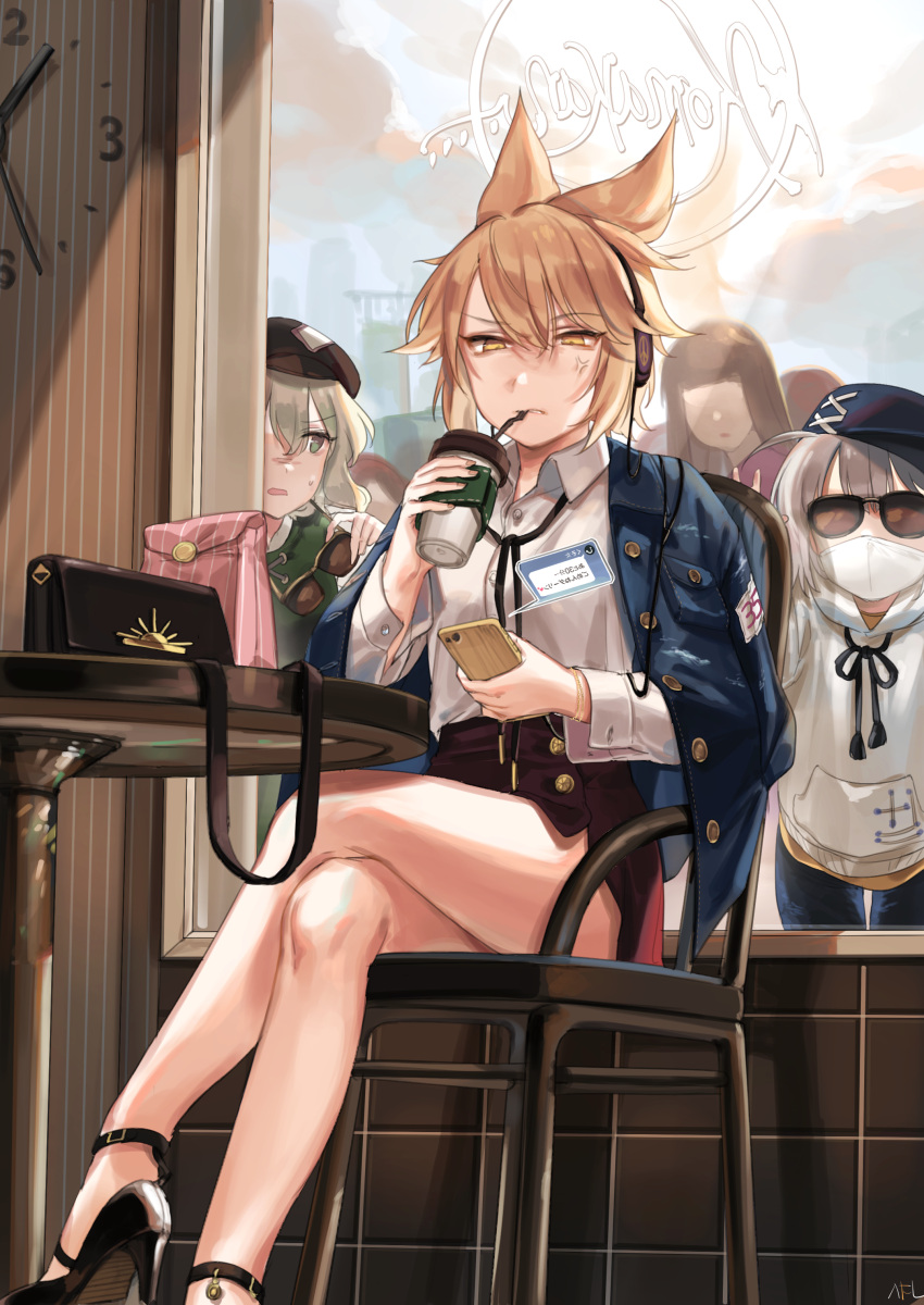 4girls absurdres alternate_costume anger_vein bag bare_legs beret black_footwear black_neckwear black_ribbon black_skirt blonde_hair blue_coat blue_hat cellphone chair clock clouds cloudy_sky coffee_cup commentary_request crowd cup day drinking drinking_straw earmuffs eyebrows_visible_through_hair green_eyes green_hair hair_between_eyes handbag hat high_heels highres holding holding_cup holding_eyewear holding_phone indoors jacket_on_shoulders legs_crossed long_sleeves mononobe_no_futo multiple_girls neck_ribbon parted_lips phone pointy_hair ribbon shan shirt short_hair silver_hair sitting skirt sky smartphone soga_no_tojiko sunglasses surgical_mask sweat sweatdrop table touhou toyosatomimi_no_miko white_hoodie white_shirt yellow_eyes