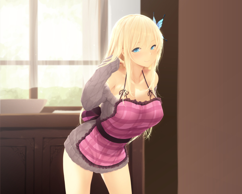 1girl absurdres apron bare_shoulders blonde_hair blue_eyes blush boku_wa_tomodachi_ga_sukunai breasts butterfly_hair_ornament cait cleavage collarbone curtains day frilled_apron frills hair_ornament highres indoors kashiwazaki_sena large_breasts leaning_forward long_hair looking_at_viewer naked_sweater off-shoulder_sweater pink_apron plaid plaid_apron ribbed_sweater smile solo sweater window