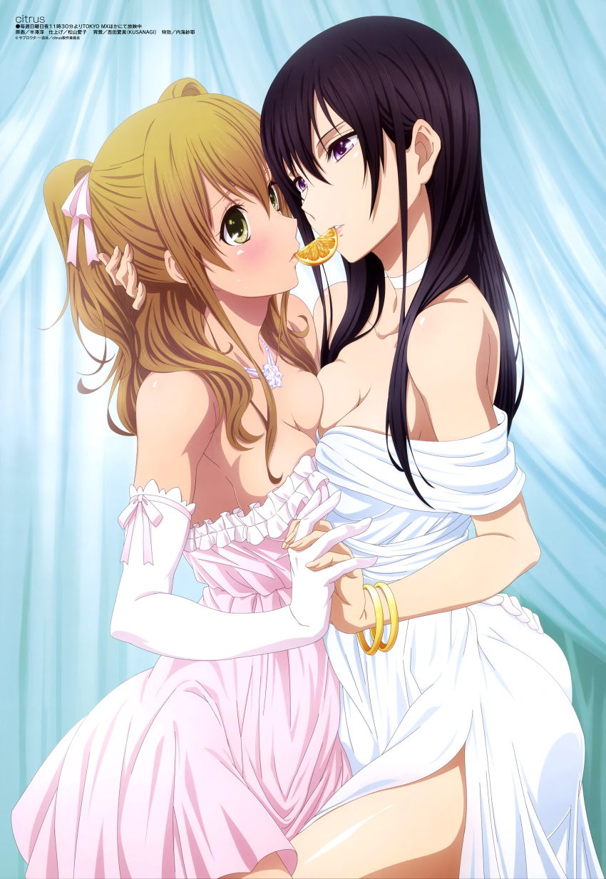 2girls absurdres aihara_mei aihara_yuzu bare_shoulders black_hair blonde_hair blush breast_press breasts citrus_(saburouta) dress elbow_gloves food fruit gloves green_eyes hand_holding hand_on_another's_head hanzawa_jun highres incest interlocked_fingers lips long_hair medium_breasts megami multiple_girls official_art orange orange_slice shiny shiny_hair shiny_skin smile symmetrical_docking violet_eyes wedding_dress white_dress white_gloves yuri