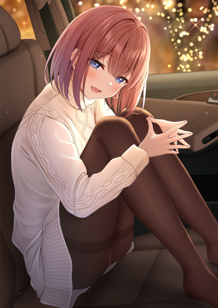 1girl ass black_legwear blue_eyes car car_interior earrings fingers_together ground_vehicle highres jewelry knees_up looking_at_viewer monaka_curl motor_vehicle original pantyhose redhead short_hair sitting smile smirk solo sweater