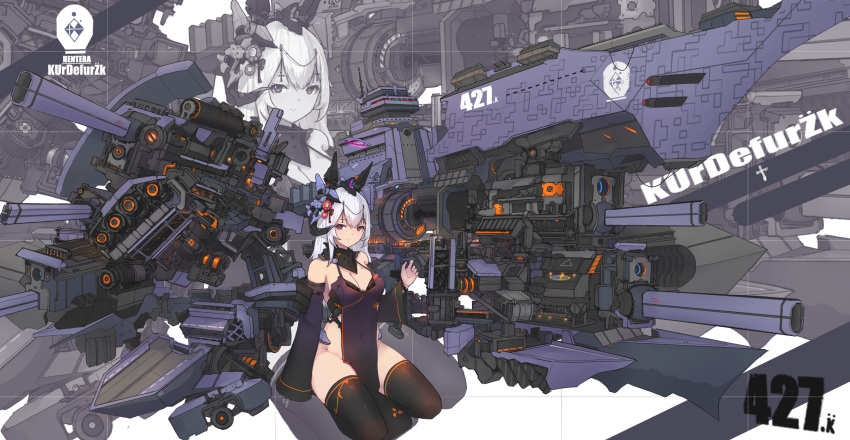 1girl absurdres black_legwear breasts cannon cleavage commentary covered_navel detached_sleeves flower hair_flower hair_ornament halo highres large_breasts long_hair long_sleeves mecha_musume mechanical_ears original pelvic_curtain seiza sitting solo syaha thigh-highs violet_eyes white_hair zoom_layer