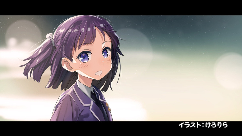 1girl artist_name blurry blush bokeh depth_of_field end_card eyebrows_visible_through_hair grin hair_ribbon highres kasumi_ariko kerorira letterboxed looking_at_viewer marchen_madchen necktie official_art one_side_up purple_hair ribbon school_uniform smile solo upper_body violet_eyes wing_collar