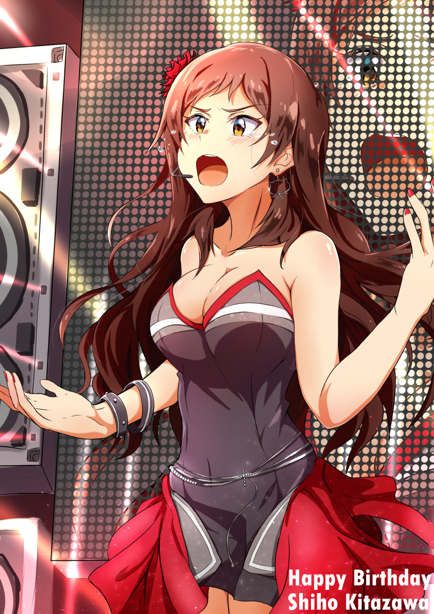 1girl absurdres bare_shoulders black_dress blush bracelet breasts brown_eyes brown_hair cat_earrings cleavage cowboy_shot dress english flower hair_flower hair_ornament happy_birthday headset highres idolmaster idolmaster_million_live! j.roswel jewelry kitazawa_shiho large_breasts long_hair music nail_polish open_mouth red_nails screen singing solo speaker stage tears