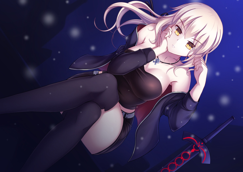 1girl absurdres artoria_pendragon_(all) bangs bare_shoulders belt black_jacket black_legwear black_ribbon black_shorts blonde_hair blurry breasts cleavage collarbone covered_navel dark_background dark_excalibur dutch_angle euforia expressionless eyebrows_visible_through_hair fate/stay_night fate_(series) hair_ribbon hand_on_own_cheek hands_up highres jacket jewelry legs_crossed long_hair long_sleeves looking_at_viewer medium_breasts necklace off_shoulder open_clothes open_jacket parted_lips pendant ponytail ribbon saber_alter short_shorts shorts sitting solo strapless thigh-highs tsurime tubetop v-shaped_eyebrows yellow_eyes