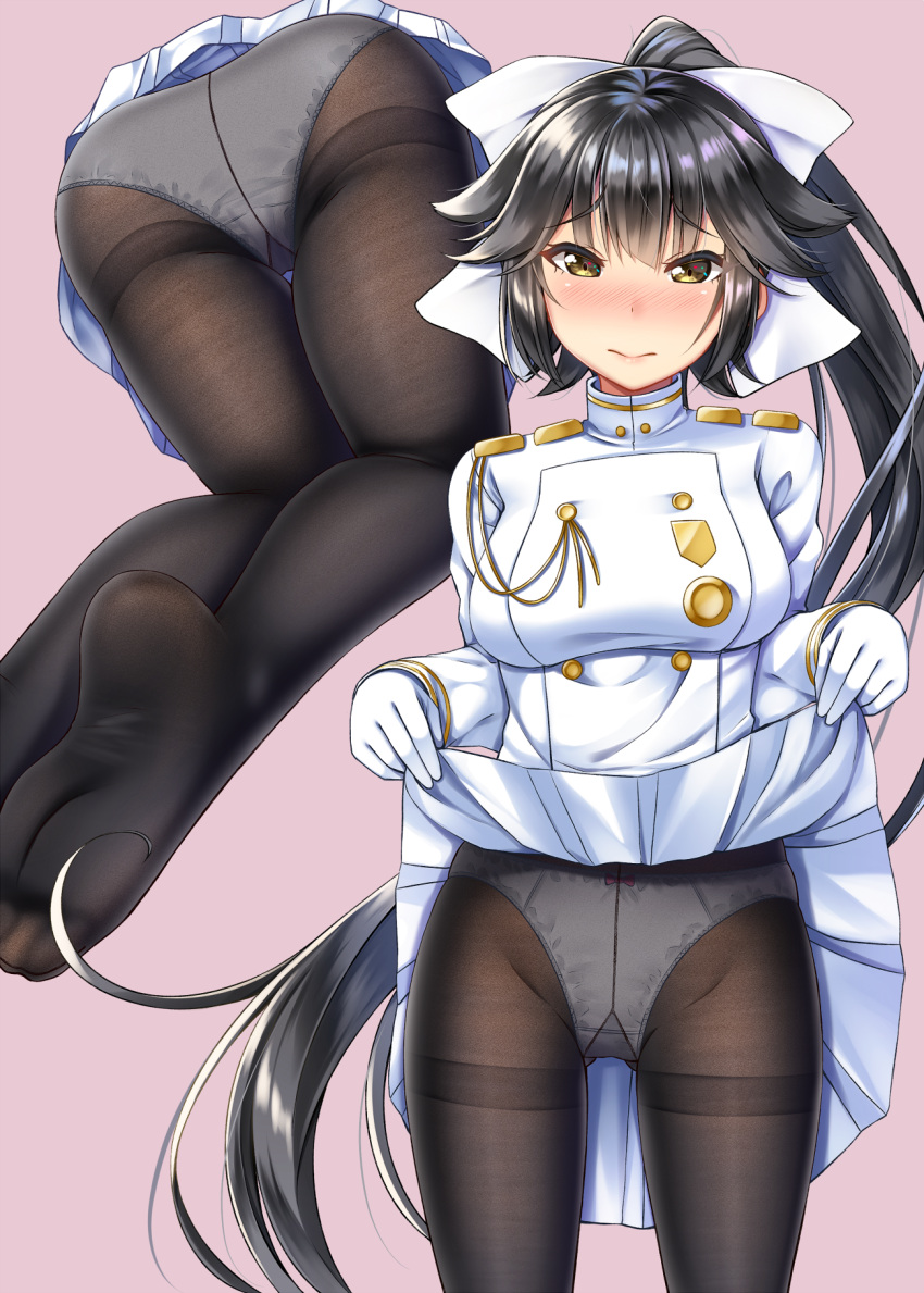 1girl azur_lane bangs black_hair blush bow bow_panties breasts closed_mouth commentary_request epaulettes eyebrows_visible_through_hair fine_fabric_emphasis gloves gurande_(g-size) hair_bow hair_flaps highres kneeling large_breasts lifted_by_self long_hair long_sleeves looking_at_viewer military military_uniform multiple_views no_shoes nose_blush panties panties_under_pantyhose pantyhose pink_background pink_bow pleated_skirt ponytail see-through simple_background skirt skirt_lift soles standing takao_(azur_lane) underwear uniform very_long_hair white_bow white_gloves white_panties white_skirt yellow_eyes