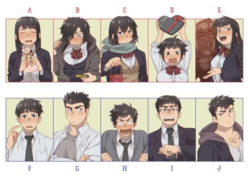 5boys 5girls bag black_hair blazer blush bow chocolate chocolate_bar chocolate_statue closed_eyes crossed_arms glasses incoming_gift jacket long_hair looking_down meme multiple_boys multiple_girls original pointing pointing_at_self presenting red_bow scarf school_uniform short_hair st05254 valentine