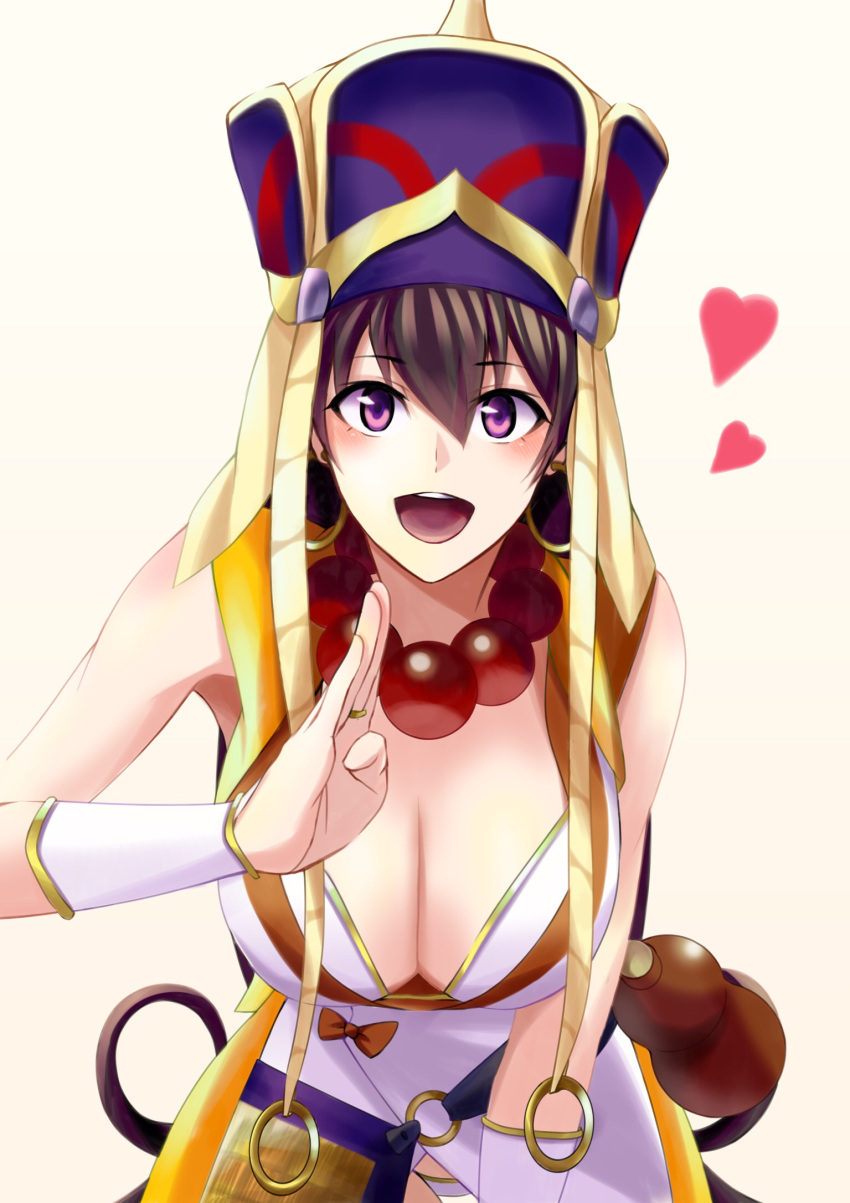 1girl artist_request bangs bead_necklace beads bikini bikini_top blush breasts bridal_gauntlets brown_hair cleavage downblouse earrings eyebrows_visible_through_hair fate/grand_order fate_(series) gourd hair_between_eyes hat headdress heart highres hoop_earrings japanese_clothes jewelry kimono large_breasts leaning_forward long_hair looking_at_viewer necklace o-ring open_mouth prayer_beads short_kimono simple_background sleeveless sleeveless_kimono smile solo swimsuit violet_eyes white_background white_bikini xuanzang_(fate/grand_order)