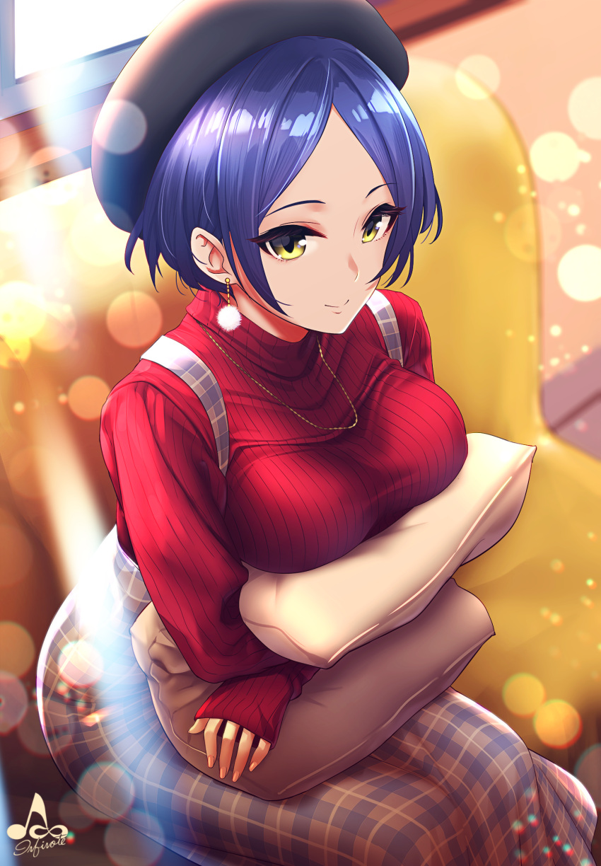 1girl bangs beret blush breast_rest breasts couch day earrings eyelashes hat hayami_kanade highres idolmaster idolmaster_cinderella_girls idolmaster_cinderella_girls_starlight_stage indoors infinote jewelry light_rays long_sleeves looking_at_viewer medium_breasts necklace parted_bangs pillow pillow_hug pom_pom_earrings purple_hair red_sweater ribbed_sweater short_hair sitting smile solo sunbeam sunlight sweater window yellow_eyes