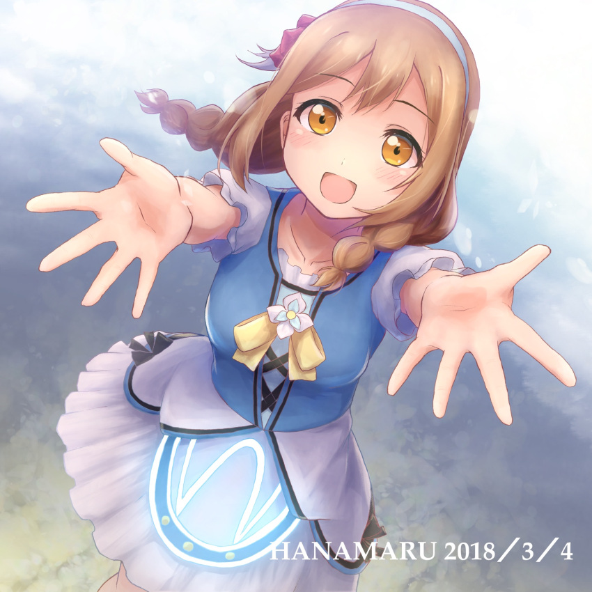 1girl alternate_hairstyle b.ren bangs birthday braid breasts brown_hair character_name dated english hairband happy_birthday highres kunikida_hanamaru long_hair looking_at_viewer love_live! love_live!_sunshine!! medium_breasts open_hands solo twin_braids water_blue_new_world yellow_eyes