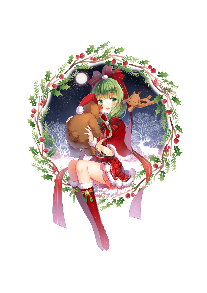 1girl absurdres alternate_costume bell belt blush boots bow braid capelet christmas commentary_request dress front_braid front_ponytail full_body full_moon fur_trim green_eyes green_hair hair_bow hair_ribbon hat highres jiji_(381134808) kagiyama_hina long_hair looking_at_viewer mistletoe moon open_mouth plaid plaid_dress red_dress red_footwear reindeer ribbon santa_hat simple_background sitting smile snow solo stuffed_animal stuffed_toy teddy_bear touhou tree white_background