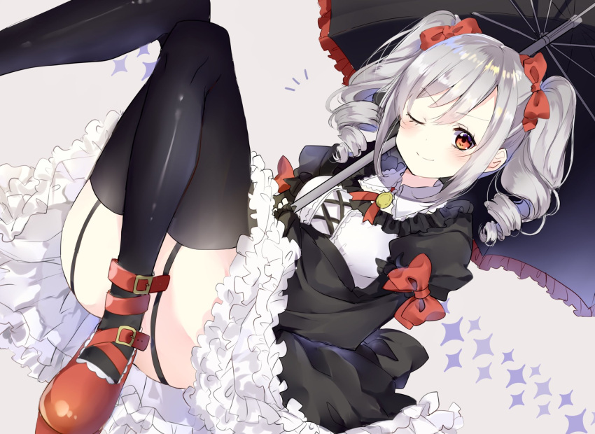 /\/\/\ 1girl ;) ass black_dress black_legwear bow convenient_leg dress drill_hair eyebrows_visible_through_hair frilled_dress frills garter_straps gothic_lolita hair_bow highres idolmaster idolmaster_cinderella_girls kanzaki_ranko kona_(mmmkona) lolita_fashion long_hair long_sleeves looking_at_viewer lying on_back one_eye_closed red_bow red_eyes red_footwear silver_hair smile solo thigh-highs twin_drills twintails umbrella wide_sleeves