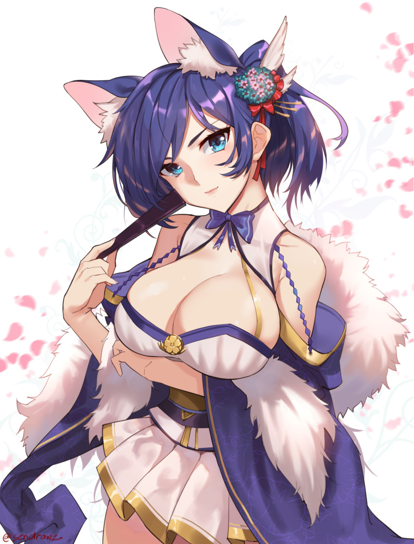 1girl animal_ears azur_lane bangs bare_shoulders blush bow bowtie breasts cat_ears cleavage cleavage_cutout closed_fan closed_mouth cowboy_shot detached_sleeves fan folding_fan hair_ribbon head_tilt highres holding holding_fan jintsuu_(azur_lane) large_breasts lips long_hair long_sleeves looking_at_viewer miniskirt obi petals pleated_skirt ponytail purple_bow purple_neckwear red_ribbon ribbon sash sendrawz shawl shiny shiny_hair simple_background skirt smile solo standing swept_bangs twitter_username upper_body white_background white_skirt wide_sleeves