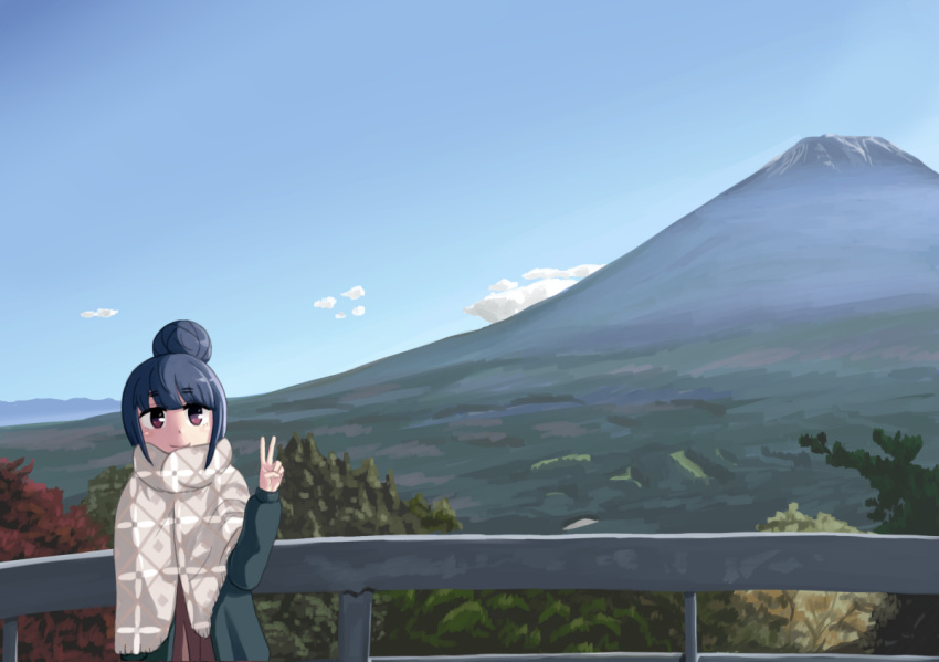 1girl blue_hair blue_sky clouds commentary_request day forest hair_bun halcyon_(halcyon90) long_sleeves mount_fuji mountain nature outdoors railing shawl shima_rin sidelocks sky smile solo v violet_eyes yurucamp