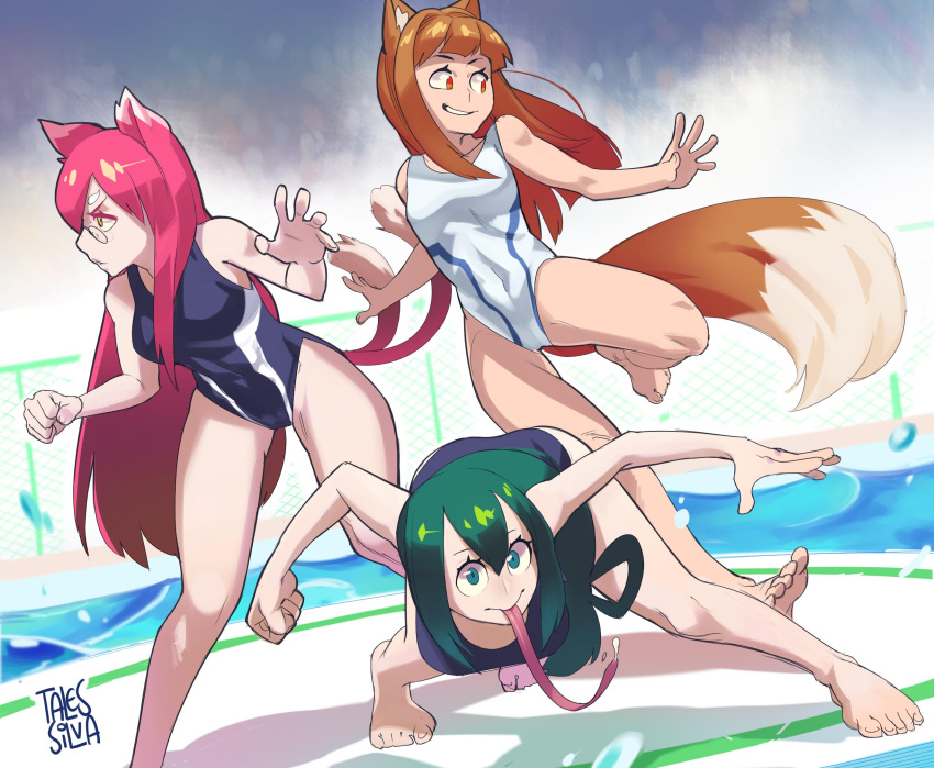 3girls :&gt; animal_ears asui_tsuyu blazblue blue_swimsuit boku_no_hero_academia breasts brown_eyes brown_hair cat_ears cat_tail competition_swimsuit ddrake13 frog_girl glasses green_eyes green_hair highres holo keijo!!!!!!!! kokonoe long_hair long_tongue low-tied_long_hair medium_breasts multiple_girls nekomata one-piece_swimsuit pink_hair pool small_breasts smile spice_and_wolf swimsuit tail tongue very_long_tongue white_swimsuit wolf_ears wolf_tail yellow_eyes