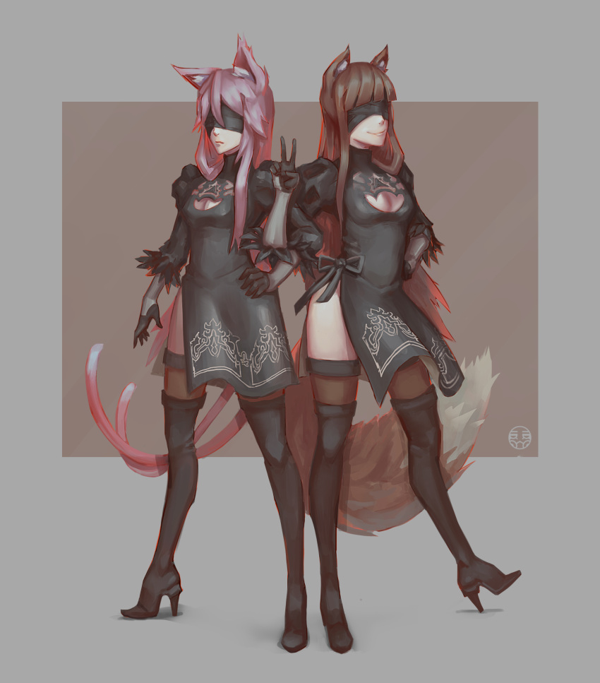 2girls animal_ears black_dress blazblue blindfold boots breasts brown_hair cat_ears cat_tail cleavage_cutout cosplay ddrake13 dress feather-trimmed_sleeves hand_on_hip high_heel_boots high_heels highres holo kokonoe medium_breasts multiple_girls nekomata nier_(series) nier_automata pink_hair smile spice_and_wolf tail thigh-highs thigh_boots thighhighs_under_boots v wolf_ears wolf_tail yorha_no._2_type_b yorha_no._2_type_b_(cosplay)