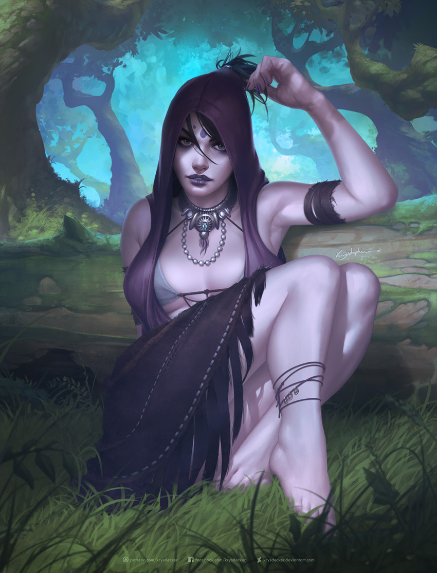1girl black_hair blue_eyes breasts dragon_age dragon_age:_origins dress facial_mark forehead_mark forest highres hood jewelry krystopher_decker looking_at_viewer medium_breasts morrigan nature necklace pale_skin sitting solo