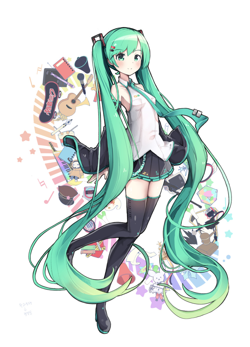 1girl absurdly_long_hair blush boots detached_sleeves eyebrows_visible_through_hair full_body green_eyes green_hair hair_ornament hairclip hatsune_miku highres long_hair looking_at_viewer namuya_(dlcjfgns456) necktie skirt solo thigh-highs thigh_boots twintails very_long_hair vocaloid white_background