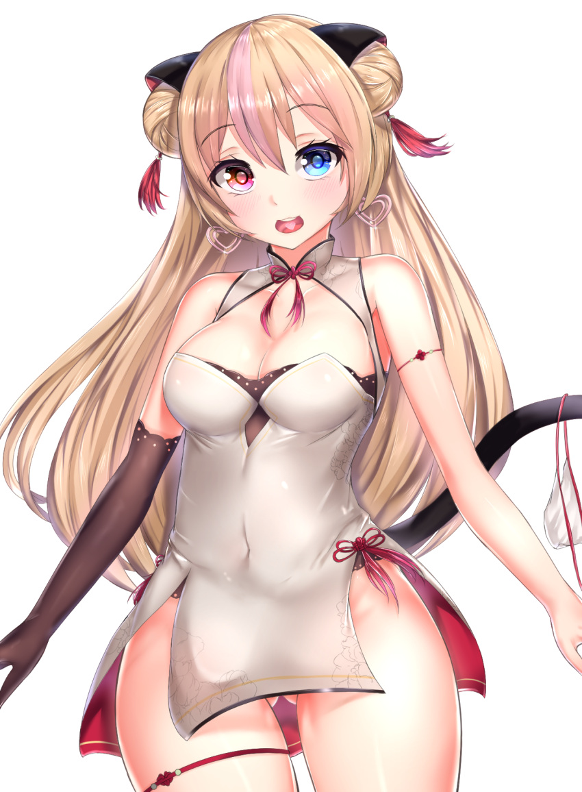 1girl animal_ears bare_shoulders blonde_hair blue_eyes blush breasts cat_ears cat_tail cleavage girls_frontline gmkj gun handgun heckler_&amp;_koch heterochromia highres hk_mark_23 long_hair looking_at_viewer medium_breasts mk_23_(girls_frontline) multicolored_hair open_mouth pink_eyes pink_hair solo tail weapon