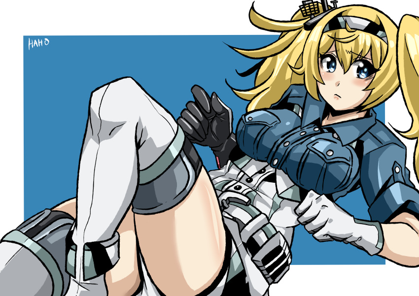 1girl absurdres artist_name blonde_hair blue_background blue_eyes blue_shirt breast_pocket breasts gambier_bay_(kantai_collection) gloves haho hair_between_eyes highres kantai_collection large_breasts long_hair multicolored multicolored_clothes multicolored_gloves pocket shirt short_sleeves shorts solo thighs twintails two-tone_background white_background white_legwear white_shorts