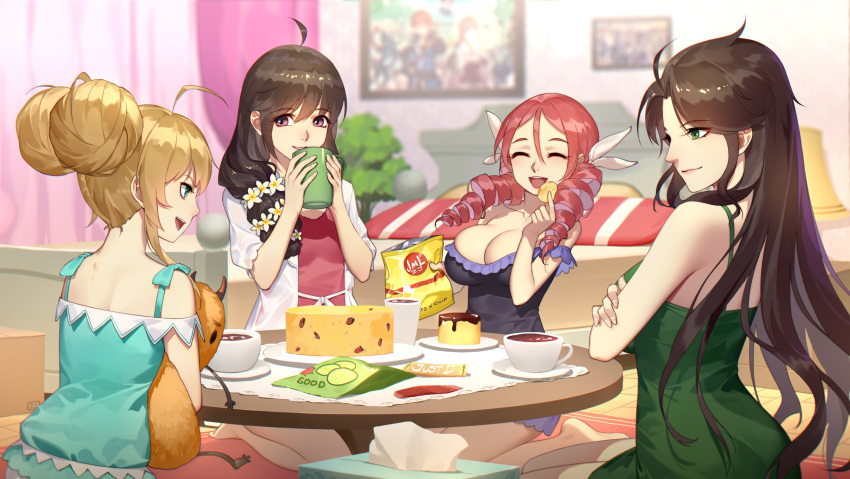 4girls absurdres ahoge aqua_shirt barefoot black_dress black_hair breasts cleavage closed_eyes crossed_arms daye_bie_qia_lian double_bun dress drill_hair eyebrows_visible_through_hair flower food green_dress green_eyes hair_flower hair_ornament hair_ribbon highres holding holding_food indoors large_breasts long_hair multiple_girls open_mouth redhead ribbon romantic_saga_of_beauty_&amp;_devil shirt short_dress sitting sleeveless sleeveless_dress smile twin_drills twintails very_long_hair violet_eyes white_flower white_ribbon