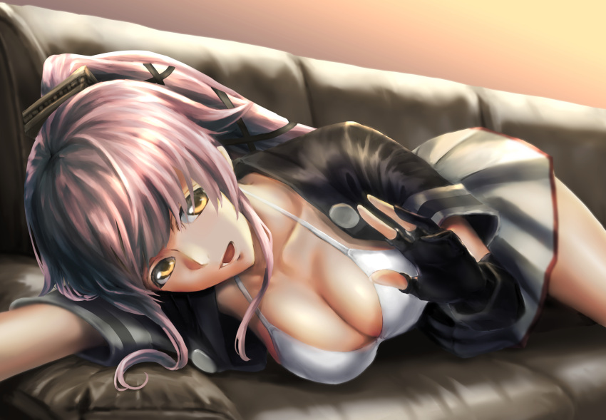 1girl bangs black_gloves black_jacket blush bra breasts buttons cleavage collarbone couch gloves green_eyes grey_skirt hair_between_eyes hair_flaps hair_ornament hair_ribbon head_on_arm highres jacket kantai_collection kokuzoo long_hair looking_at_viewer lying medium_breasts on_side open_mouth outstretched_arm partly_fingerless_gloves pink_hair pleated_skirt ponytail remodel_(kantai_collection) ribbon short_sleeves sidelocks skirt sleeves_folded_up smile solo tareme thighs underwear very_long_hair waving white_bra yura_(kantai_collection)