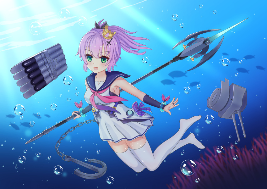 1girl :d absurdres air_bubble anchor azur_lane bangs bare_shoulders biako black_ribbon blue_sailor_collar blurry blurry_foreground blush bracelet breasts bridal_gauntlets bubble cannon chains coral crown depth_of_field eyebrows_visible_through_hair fish green_eyes hair_between_eyes hair_ornament hair_ribbon high_ponytail highres holding javelin javelin_(azur_lane) jewelry medium_breasts mini_crown no_shoes object_namesake open_mouth outstretched_arm pleated_skirt ponytail ribbon sailor_collar shirt sidelocks skirt sleeveless sleeveless_shirt smile solo thigh-highs thighs torpedo turret underwater v-shaped_eyebrows water white_legwear white_shirt white_skirt zettai_ryouiki