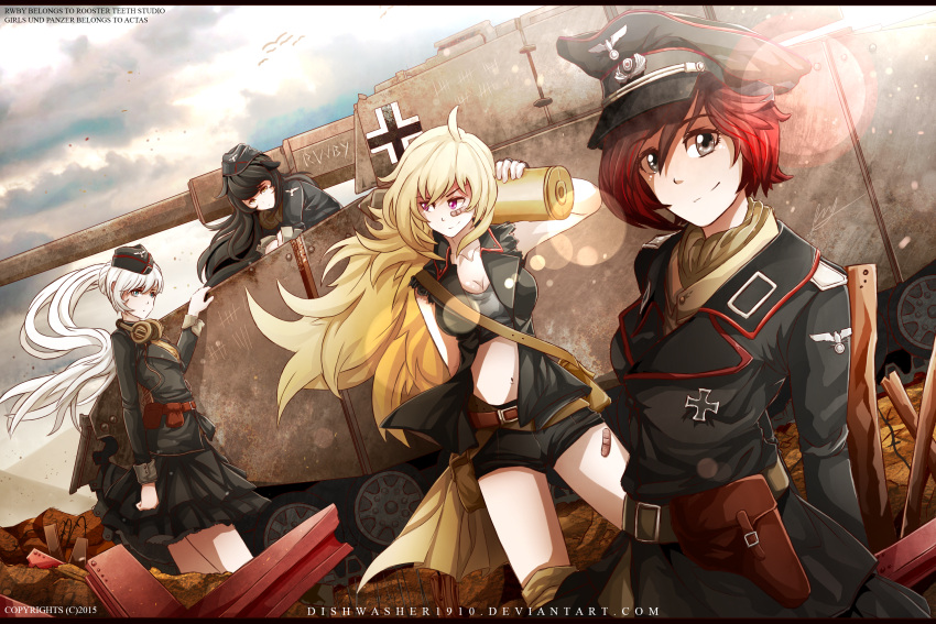 4girls artist_name artist_request black_eyes black_hair blonde_hair blue_eyes breasts cap clouds ground_vehicle highres iron_cross long_hair military military_vehicle motor_vehicle multiple_girls original panzerkampfwagen_iv pink_eyes redhead short_hair sky source_request tank white_hair yellow_eyes