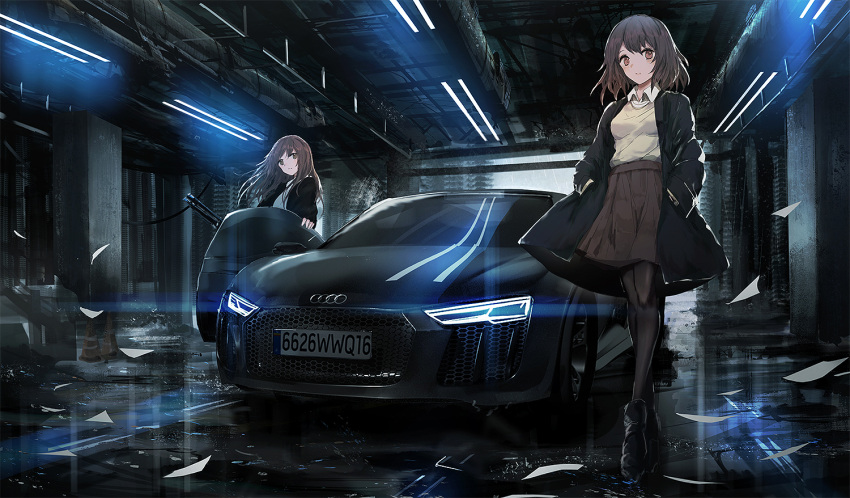 2girls audi audi_r8 bangs black_coat black_footwear black_legwear boots breasts brown_eyes brown_hair brown_shirt brown_skirt car coat collared_shirt day ground_vehicle hands_in_pockets holding indoors long_hair long_sleeves medium_breasts motor_vehicle multiple_girls open_clothes open_coat original pantyhose paper rain reflection shirt skirt standing swav traffic_cone vehicle_request very_long_hair wet white_shirt