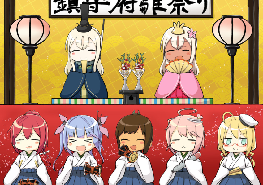 &gt;_&lt; 6+girls ^_^ ^o^ ahoge blonde_hair blue_eyes brown_hair closed_eyes commentary_request dual_persona engiyoshi fan fang folding_fan hair_between_eyes hinamatsuri i-168_(kantai_collection) i-19_(kantai_collection) i-401_(kantai_collection) i-58_(kantai_collection) i-8_(kantai_collection) japanese_clothes kantai_collection long_hair low_twintails multiple_girls open_mouth pink_hair ponytail redhead ro-500_(kantai_collection) short_hair sleeves_past_wrists smile torpedo translation_request tri_tails twintails u-511_(kantai_collection) wide_sleeves