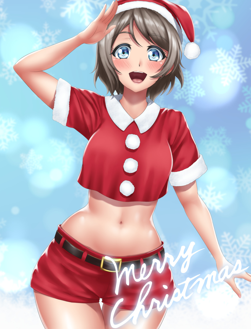 1girl :d belt blue_eyes blush christmas cowboy_shot crop_top eyebrows_visible_through_hair fur_trim grey_hair hat highres hip_bones looking_at_viewer love_live! love_live!_school_idol_project love_live!_sunshine!! merry_christmas midriff navel open_mouth pom_pom_(clothes) red_hat red_shirt red_shorts salute santa_costume shirt short_hair short_shorts short_sleeves shorts smile snowflakes solo stomach tama_(tamakaka1031) watanabe_you