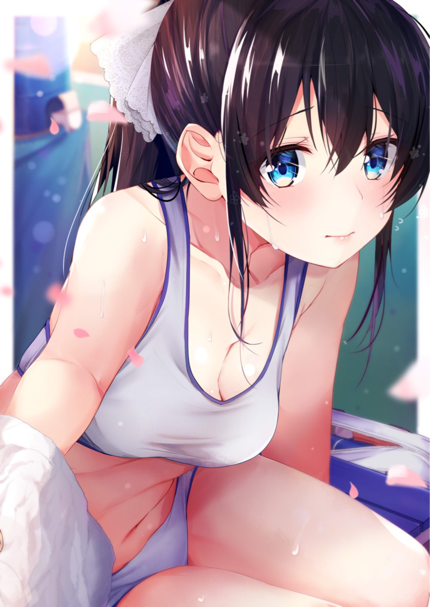 1girl absurdres bangs black_hair blue_eyes blurry bow breasts buruma cherry_blossoms cleavage closed_mouth commentary_request depth_of_field eyebrows_visible_through_hair hair_bow highres long_hair looking_at_viewer medium_breasts midriff original petals ponytail rouka_(akatyann) sitting solo sports_bikini sports_bra towel